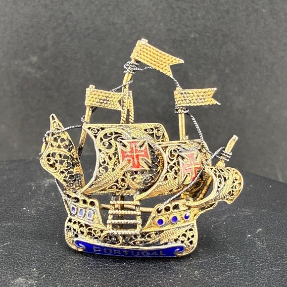 Estate Jewelry - Vintage Enamel Brooch Portugal Ship Gold Tone Filigree Boat